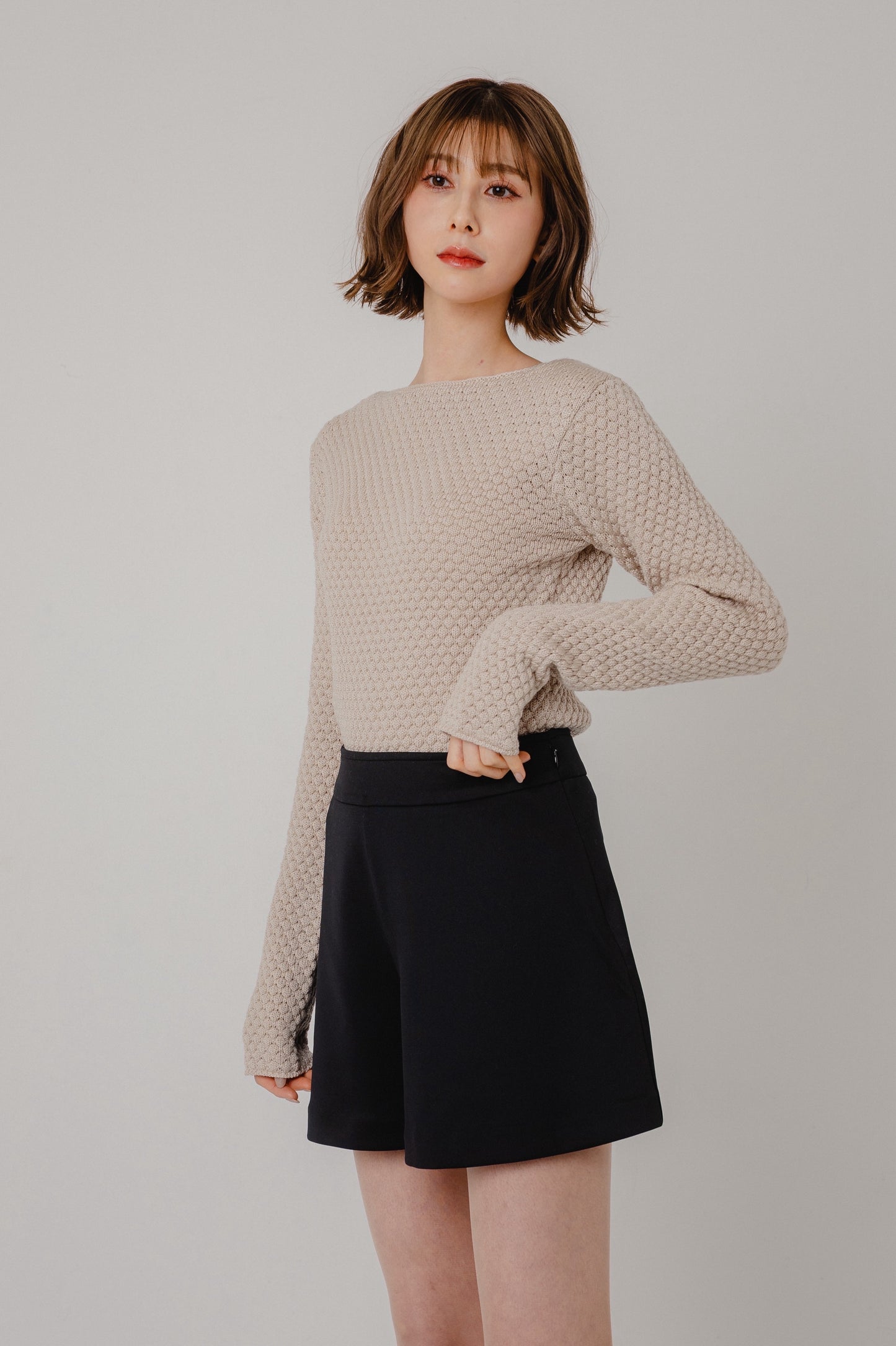 Textured Boat-Neck Knit Top